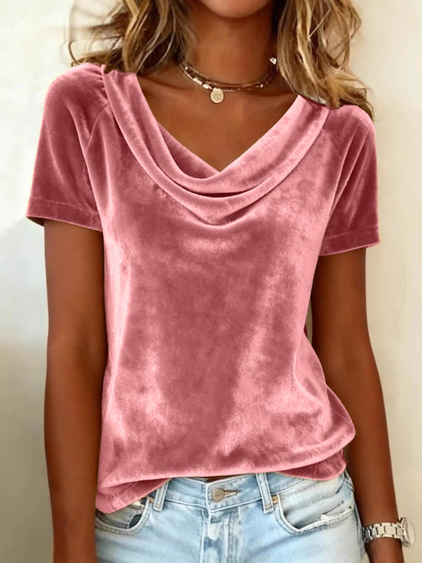 2025 Cross-border Women s Fashion: Solid Color Velvet Swing Collar T-shirt 2XL розовый