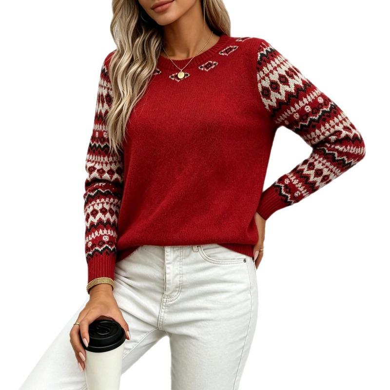 Women S Loose Fit Geometric Jacquard Crew Neck Long Sleeve Knit Sweater