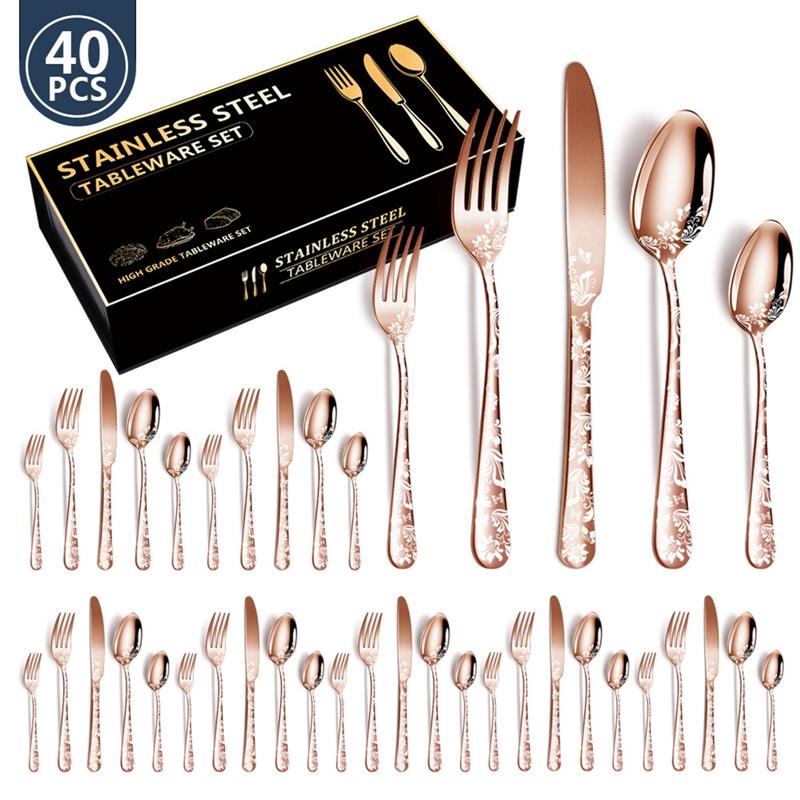 40Pcs Laser Christmas Pattern Flatware Set Stainless Steel Dinnerware Cutlery Set Black Knife Fork Kitchen Tableware Set New