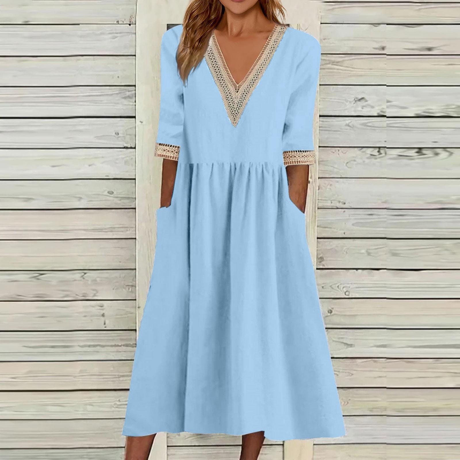 

Женское повседневное однотонное длинное платье с v-образным вырезом и кружевными карманами XL светло-синий