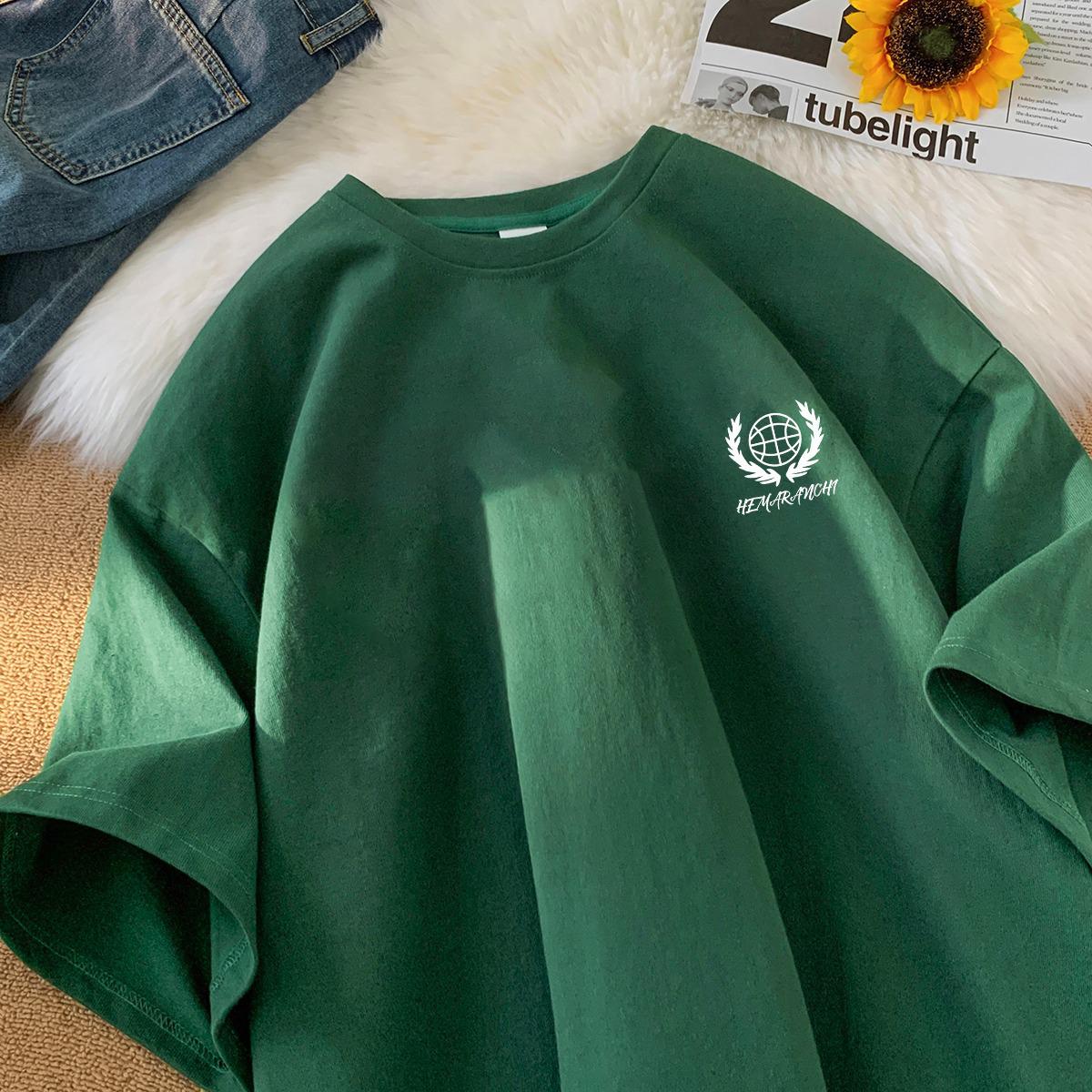 

2024 Унисекс Модная Футболка с Коротким Рукавом и Круглым Вырезом с Принтом Значков в Стиле Колледжа L темно-зеленого