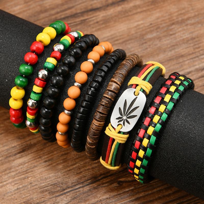 New Wood Bead Beaded Elastic Thread Leather Handwoven Men's Bracelet Bracelet Bracelet