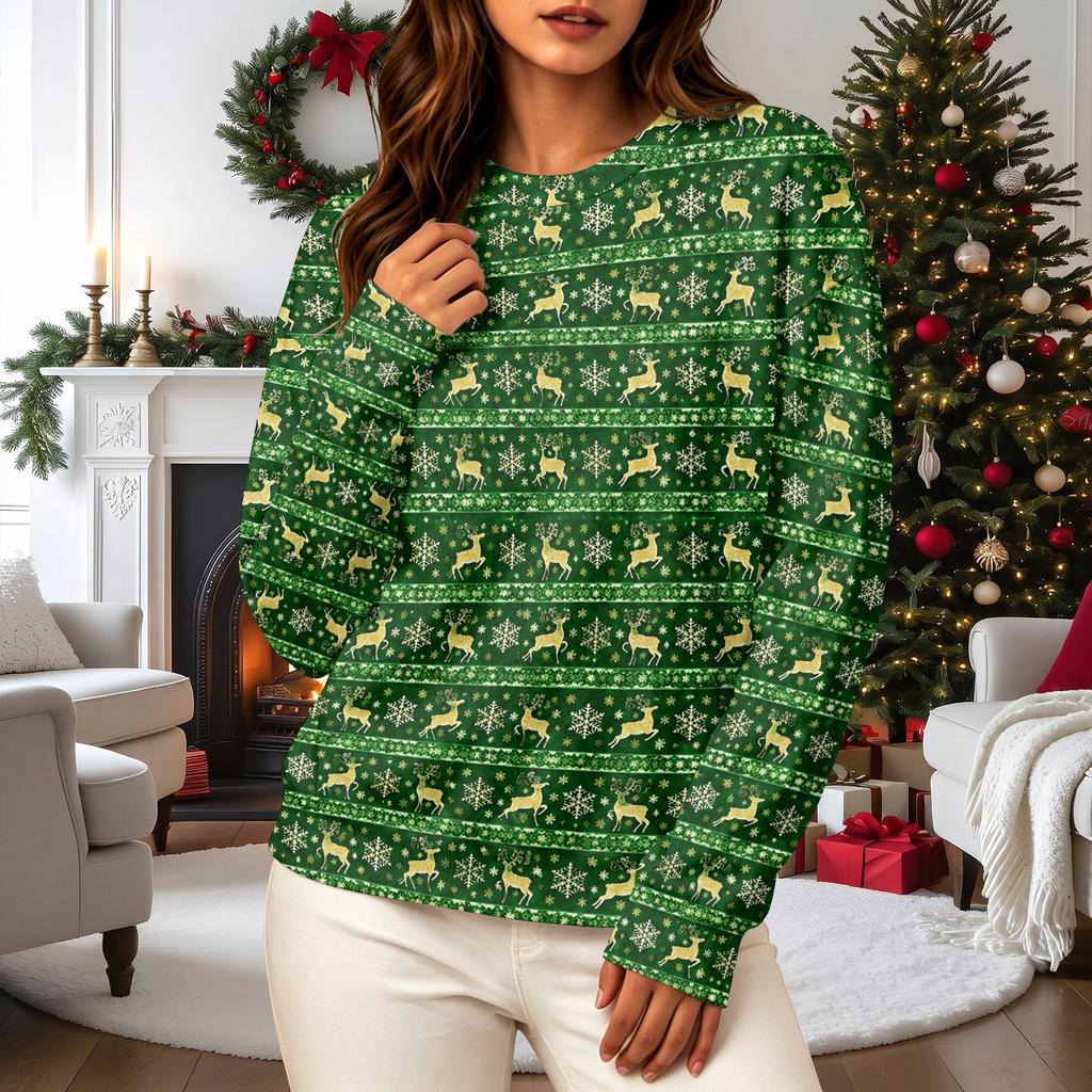 Women's Casual Long Sleeve Christmas Print Crewneck Sweatshirt Top for Holiday Wear