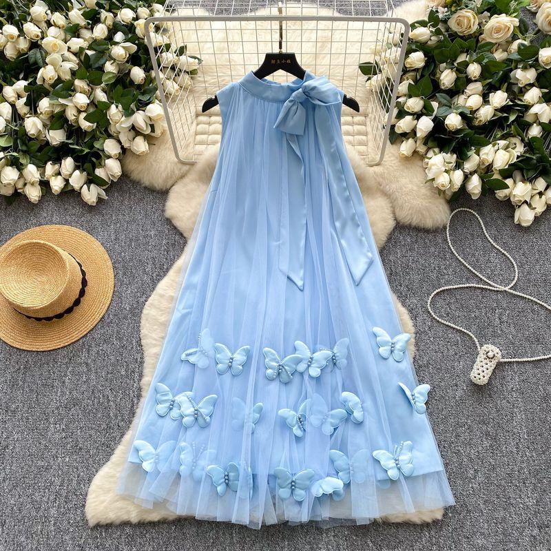 

Gentle Style Neckline Bow Strap Hanging Neck Sleeveless Dress Women French style Three-Dimensional Butterfly Mesh Fairy Formal Dress Blue One size