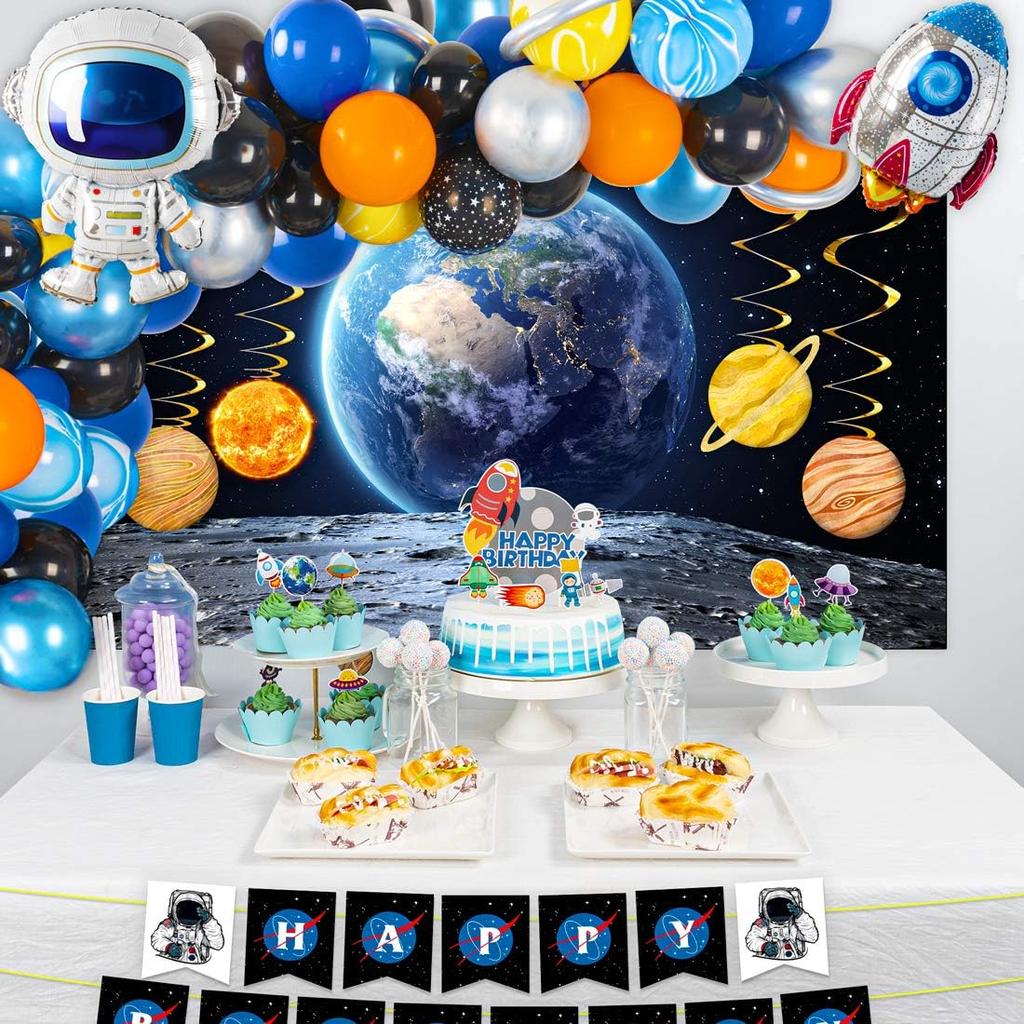 Outer Space Party Supplies, 87Pcs Party Decorations - Rocket Balloons, Solar System Swirl Decorations, Cupcake Toppers, Astronaut Birthday Banner,