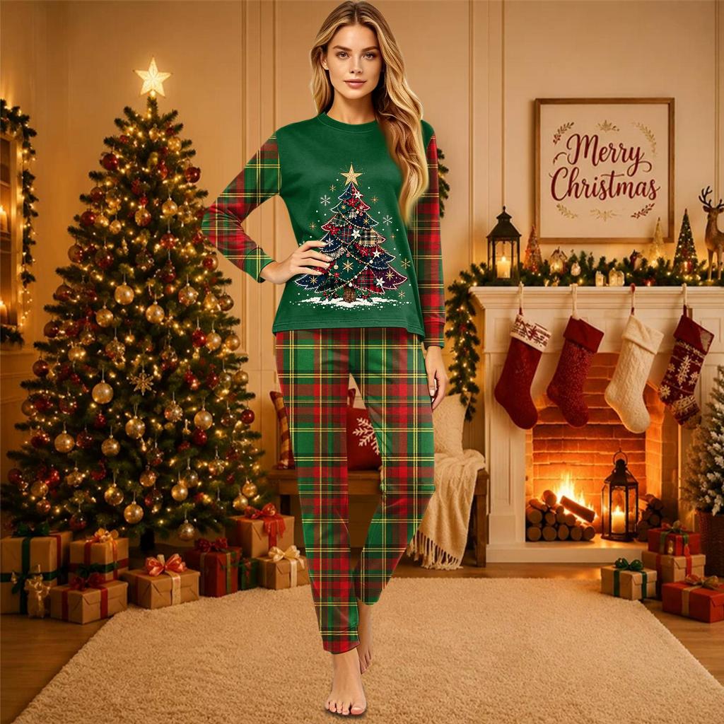 Christmas-print long-sleeve and long-pant matching family loungewear set
