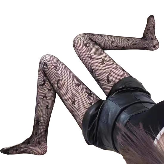 High-Waist Elastic Waistline Thin Hollow Women Stockings Sexy Cross Pattern Fishing Net Stockings Club Wear