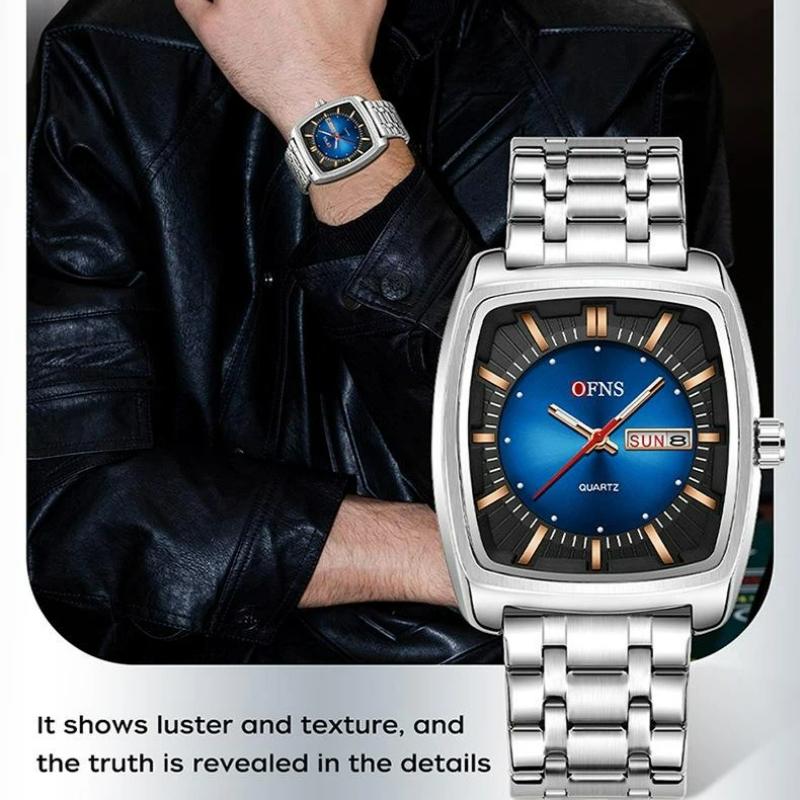 Men Watch Fashion Square Stainless Steel/Silicone Strap Waterproof Luminous Quartz Week Calendar Business Sports WristWatch