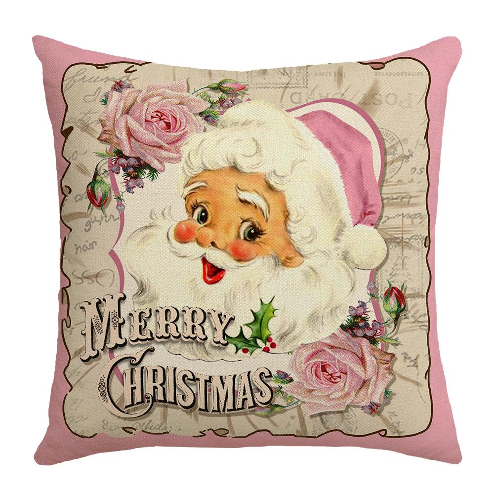 Pink Cute Santa Claus Pillowcase, Linen Print Pillow, Bedroom Bedside Cushion, Sofa Cushion, Festive Atmosphere