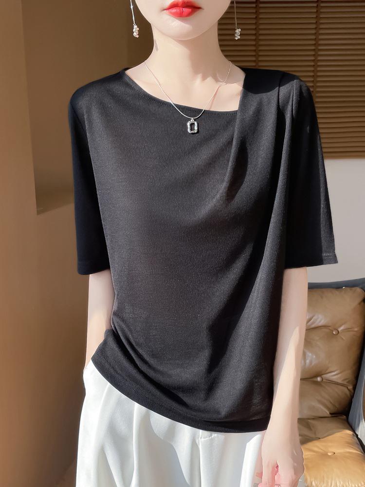 

High-End Pleated Five-Sleeve Summer Knitted Top for Women Medium
