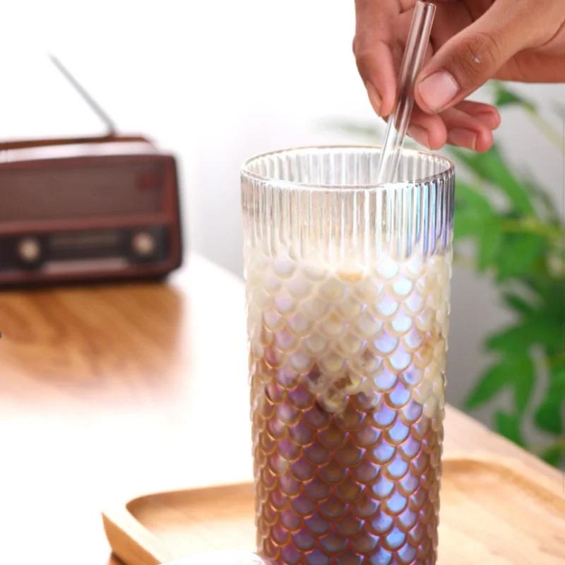 Fish Scale Pattern Cover Band Straw Glass Summertime Cold Water Bottle Milk Tea Cup High Appearance Level Juice Glass Coffee Cup