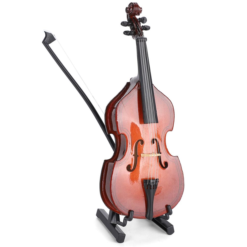 Mininature Musical Instrument Wooden Bass Guitar Model Dollhouse Decoration with Case and Bow