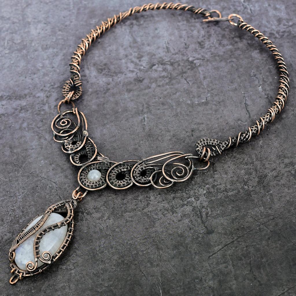 Natural Moonstone Gemstone Handmade Copper Wire Wrap Jewelry Necklace 18" J7e35