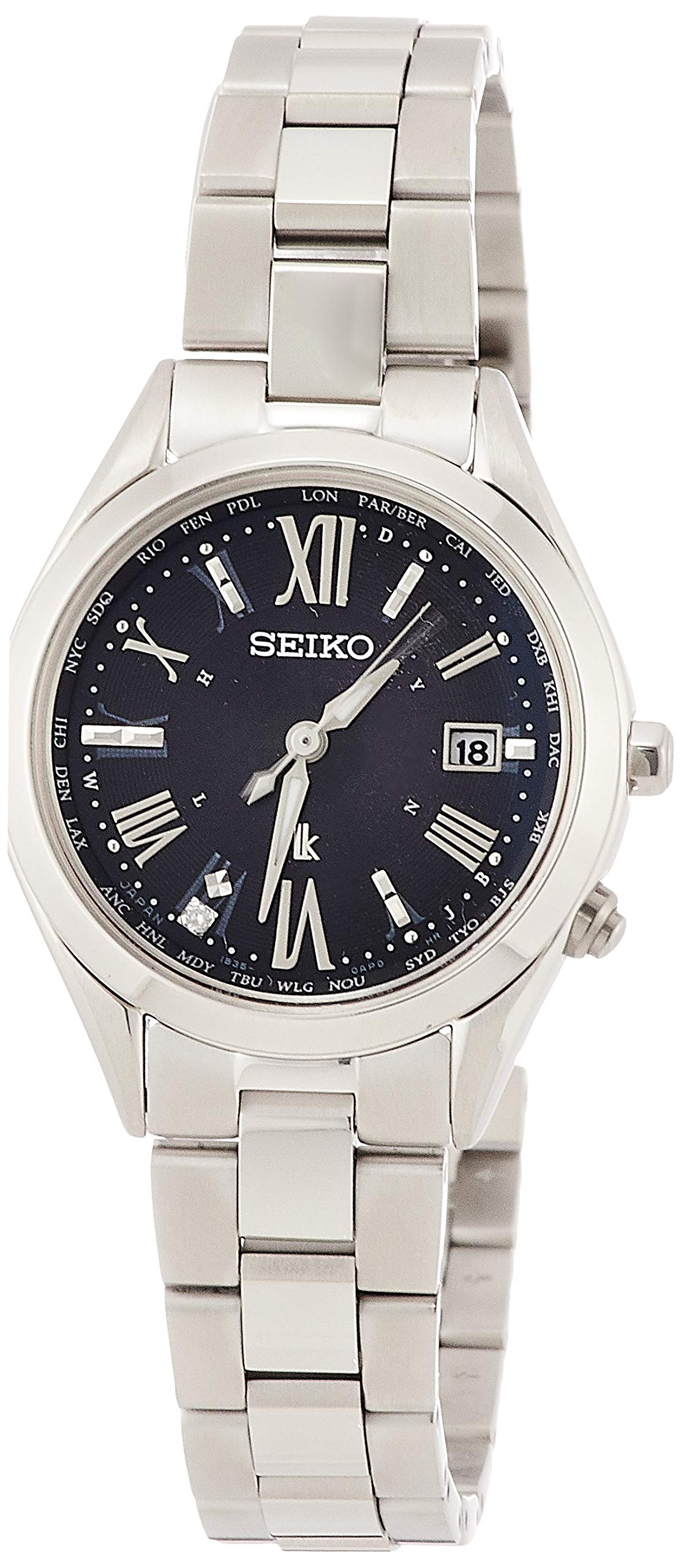 

Lucia Solar Radio Titanium Model Black Dial with Diamonds Sapphire Glass Platinum Diamond Shield World Time Function SSQV055 Silver [Seiko Watch]