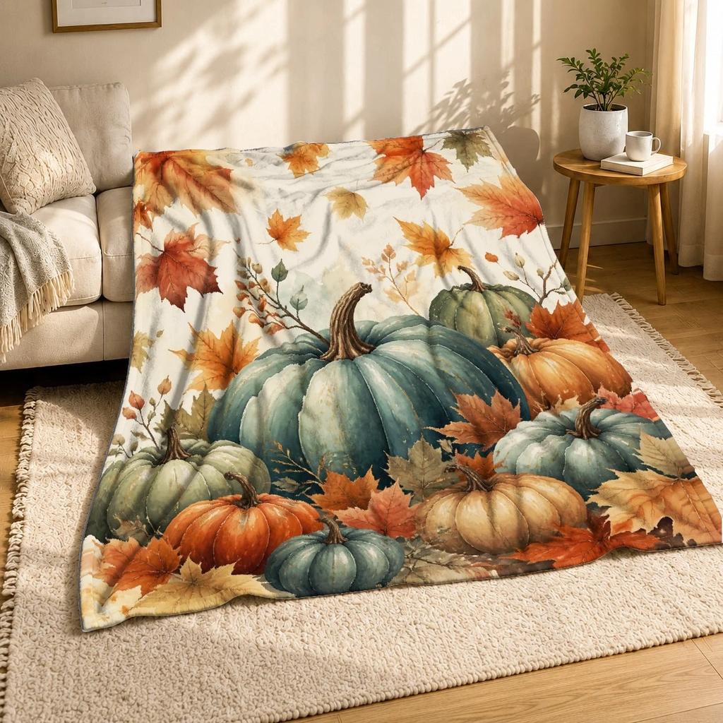 Teal Pumpkin Autumn Leaves Coral Fleece Blanket Fall Decor