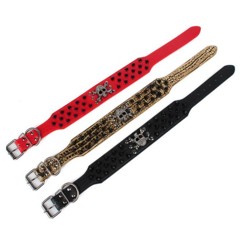 2-tums hundhalsband av läder med bred spik och kulnitar med coola skalle tillbehör för husdjur för medelstora stora hundar Pitbull Boxer S-XL