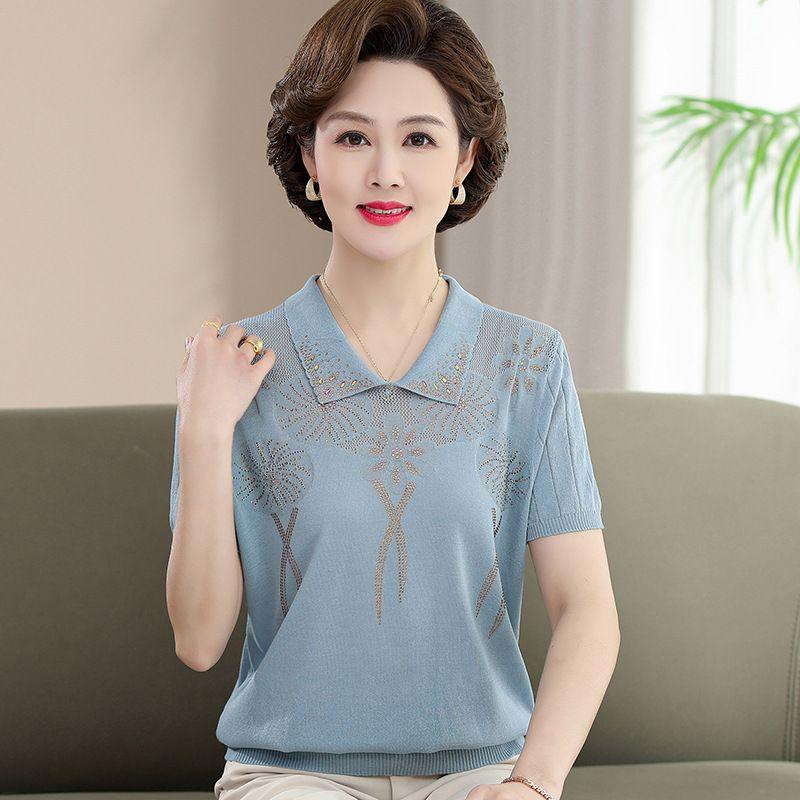 

Mom Summer Short Sleeved Stylish Ice Silk Shirt Middle-aged and Elderly Lapel Top Slimming Knit Sweater 3XL синій