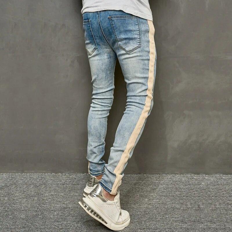 Men's Spliced Slim Pencil Jeans Street Solid Color Casual Denim Trousers