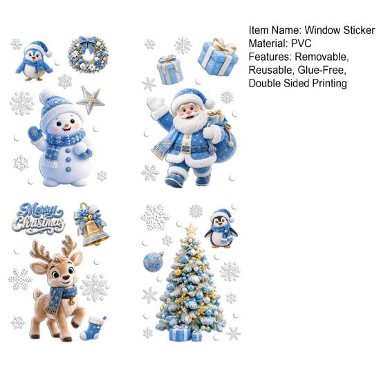 Transparent Holiday Glass Clings 4Pcs Christmas Static Window Clings, Blue Santa Snowman Reindeer Penguin Winter Wonderland Wall Decals Stickers,
