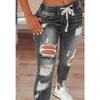 Women High Waist Skinny Stretch Ripped Jeans Destroyed Denim Pants Plus Size Small Leg Lace-Up Pants