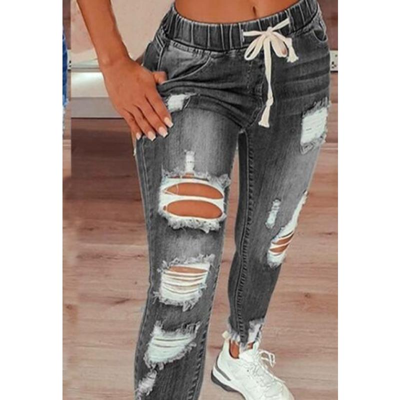 Women High Waist Skinny Stretch Ripped Jeans Destroyed Denim Pants Plus Size Small Leg Lace-Up Pants