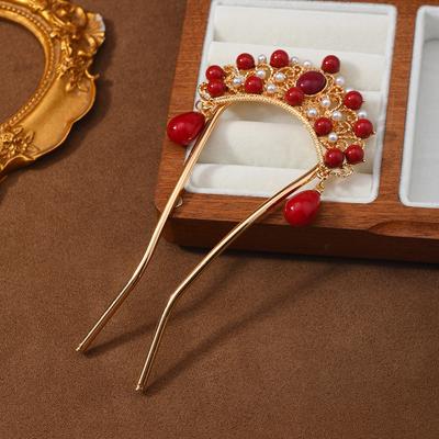 Chinesischer Stil Rote Perlen Haarnadel Vintage Goldfarben U-förmiger Haarstab Faux-Perlen Edelstein-Akzente Elegantes Hanfu Haar-Accessoire