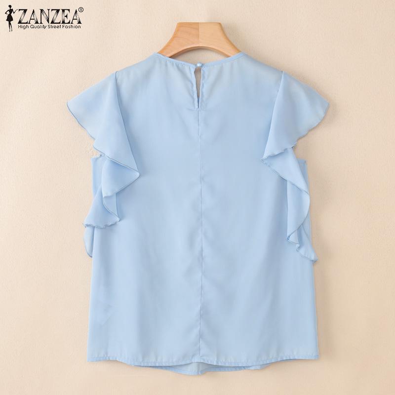 ZANZEA Women Casual Round Neck Ruffles Short Sleeve Loose Blouse