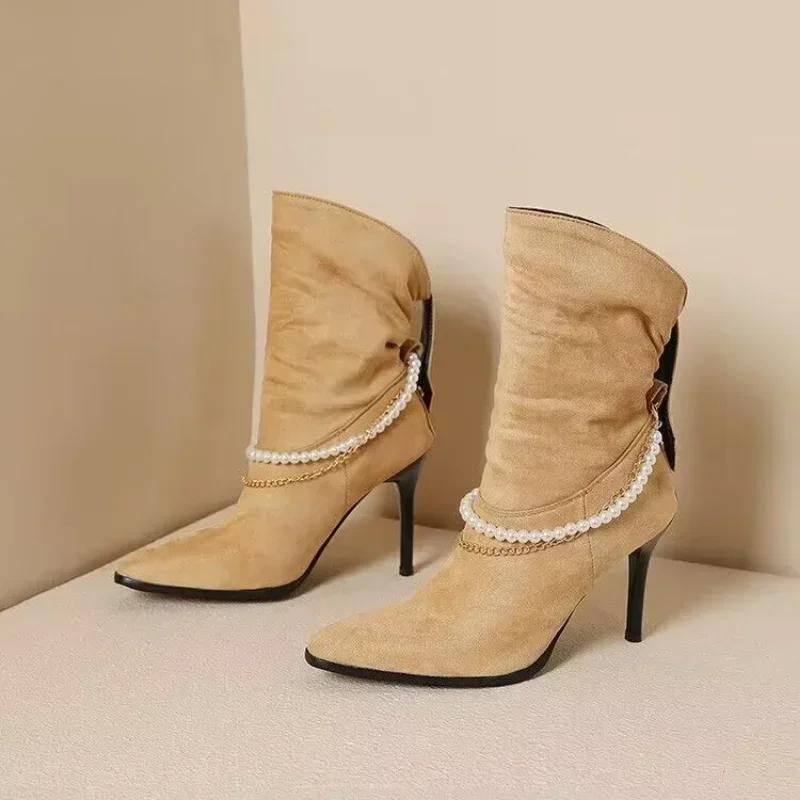 Women Pointed Toe Chelsea Boots Luxury Pearl Chain High Heels Shoes Winter New Designer Sexy Pumps Suede Goth