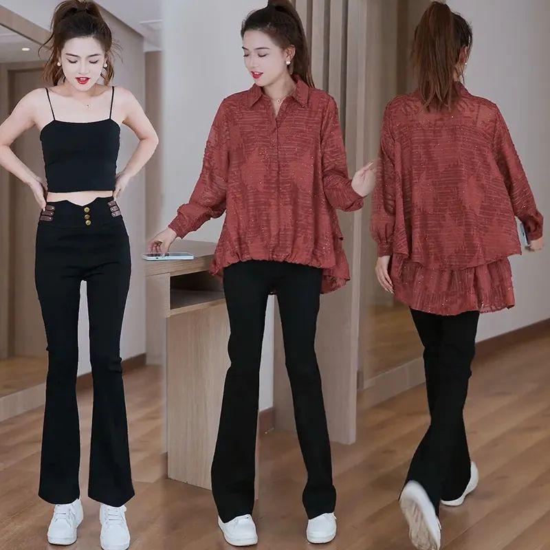 Langärmeliges geprägtes Freizeithemd Figurformend Fleischbedeckend Frühherbst-Stil Polokragen Drei-Knopf-Verschluss Damenoberteil