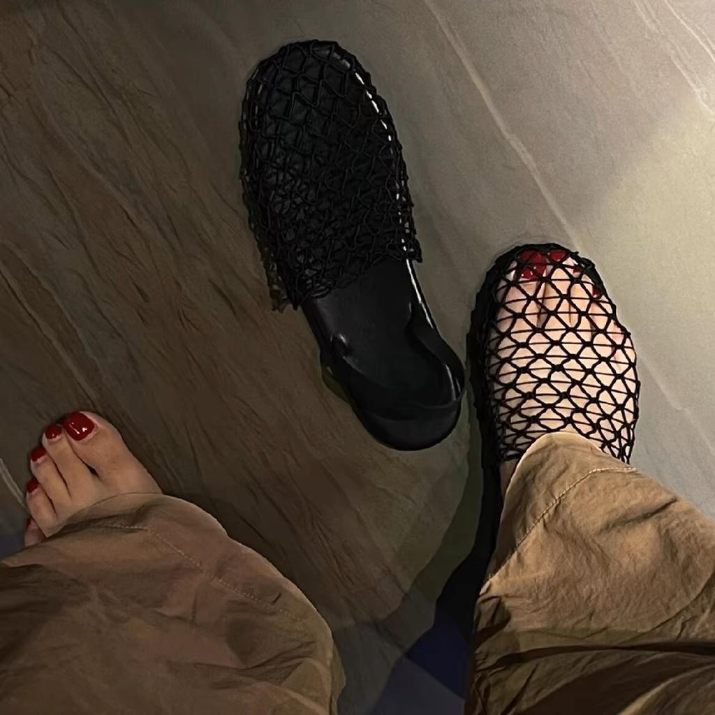 Sheepskin version~ Baotou back strap fishing net flat sandals Roman shoes summer new hollow comfortable beach half slippers