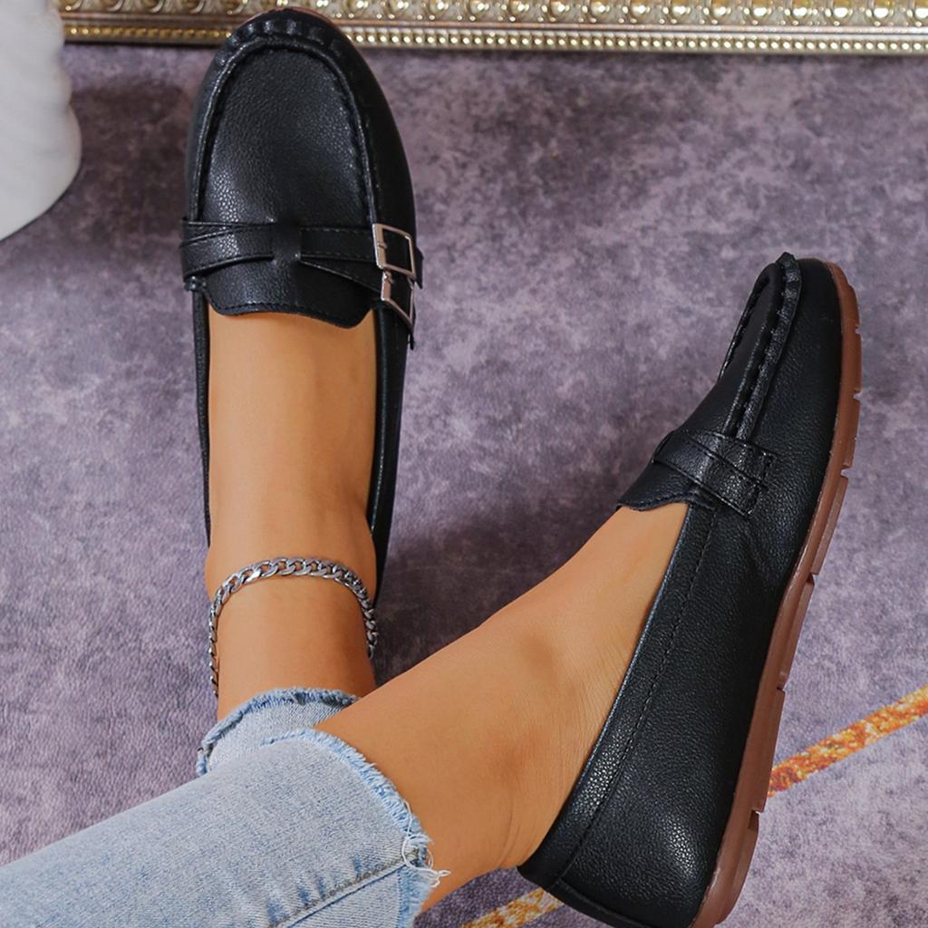 Fashion Flat single shoes women 2025 spring new foreign trade fashion belt buckle round head comfortable slip-on casual bean shoes
