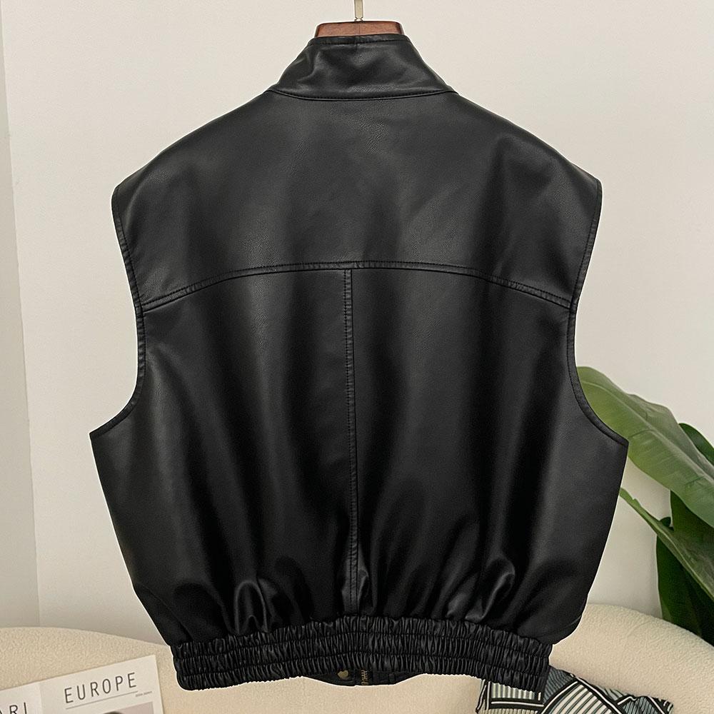 OFTBUY Mujer Vintage Chaleco Suelto Chaqueta Corta de Cuero Sintético PU con Cinturón Chaqueta de Motocicleta Femenina Cremallera Retro Moto Biker Abrigo Prendas de Abrigo Tops