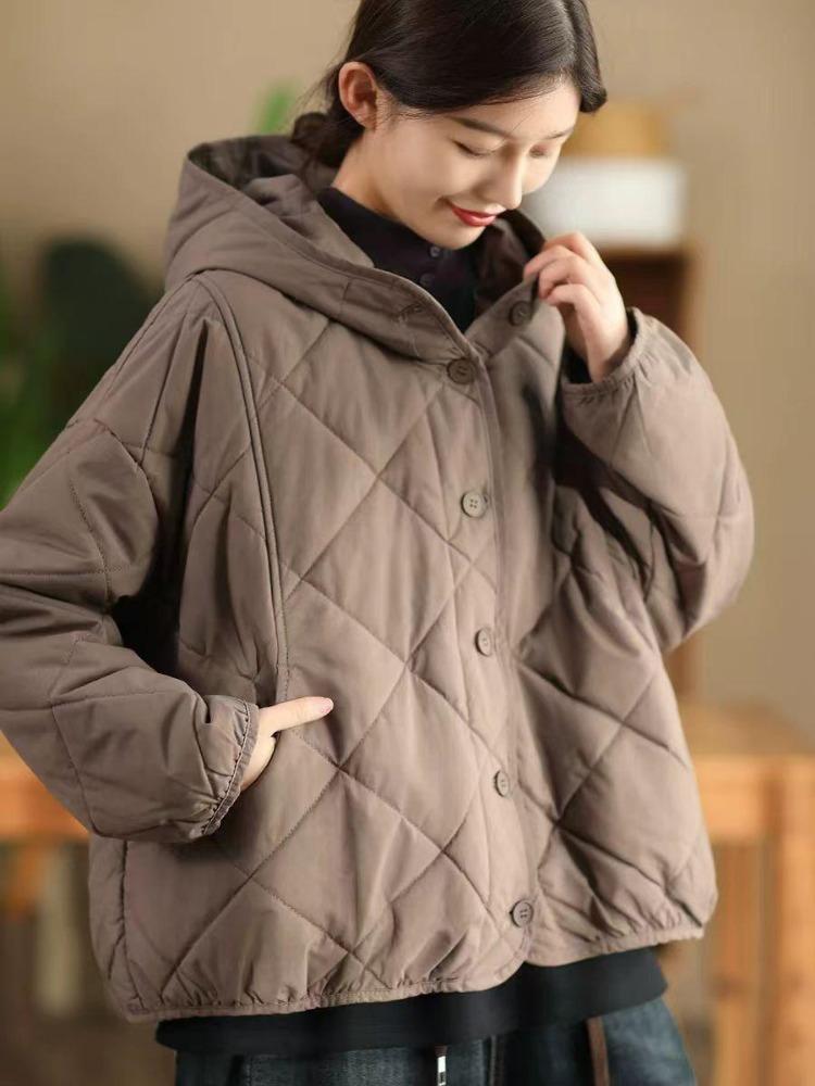 

Loose Hooded Coat for Women Winter Casual Long Sleeves Solid Color Single Breasted Johnature Niche Lingge Fashion One Size кавовий