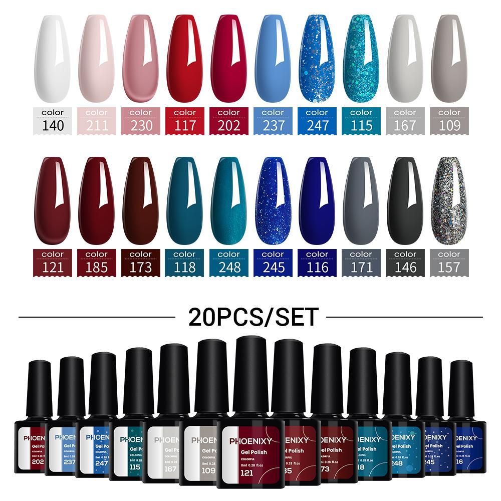 

PHOENIXY, 20 шт., набор гель-лаков для ногтей, замачиваемый УФ-гель, УФ-светодиодный лак для ногтей, маникюрный набор гелей для ногтей, подарок для женщин