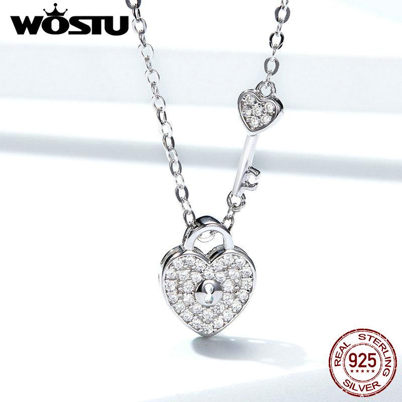 WOSTU 925 Sterling Silver Lock Heart Dangle Pendant Heart Highlights Necklaces Dazzling CZ Chain For Women 925 Jewelry CQN315
