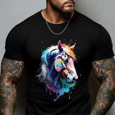 Unisexs Watercolor Colorful Horse T Shirt Majestic Abstract Portrait Vibrant Equestrian Animal Art Casual Top Vintage Washed