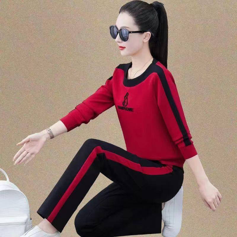 

Женский повседневный костюм-двойка 2025: Свитшот с круглым вырезом и длинными рукавами и свободные брюки для весны/осени, доступен большой размер. 3XL