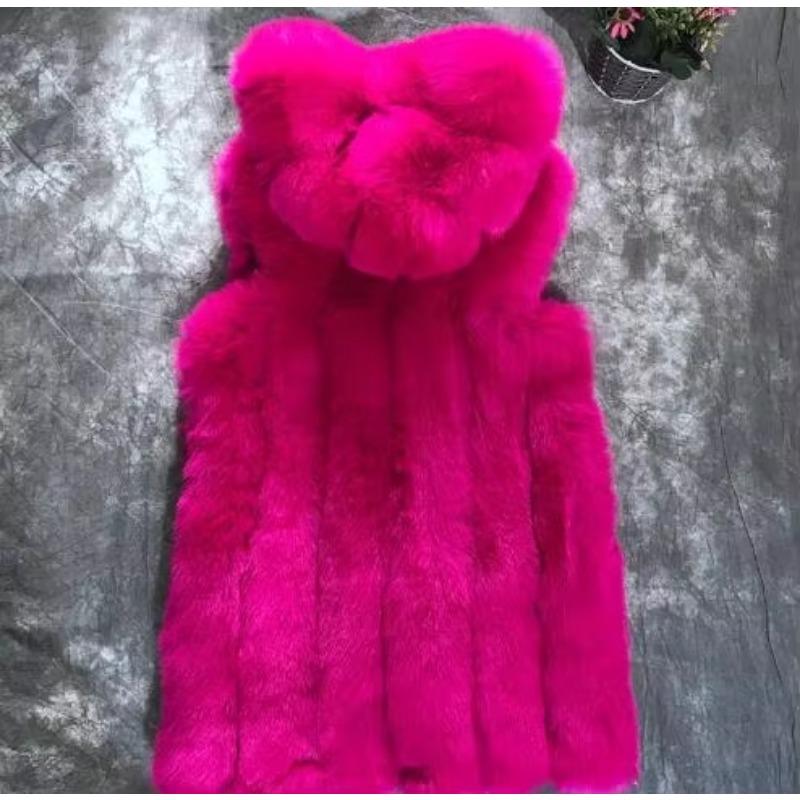 S-4XL Winter Warm Striped Faux Fox Fur Thick Overcoat Women Casual Long Vest Female Open Stitch Cardigan With Hat Slim Coat