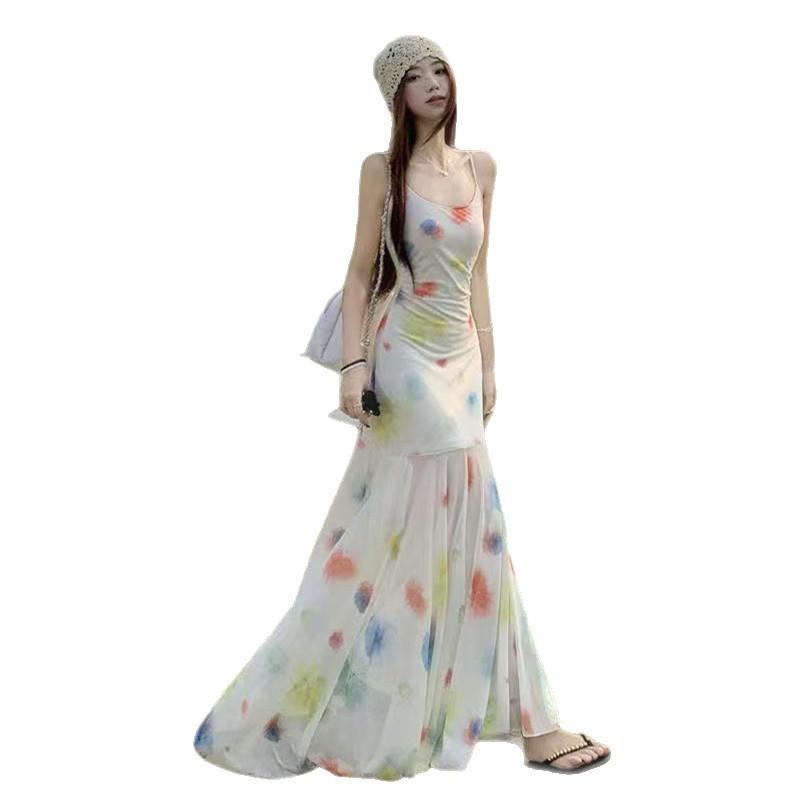 Seaside Vacation Feng Shui Color Suspender Dress Women's New Summer Small Long Pendulum Fishtail Dress