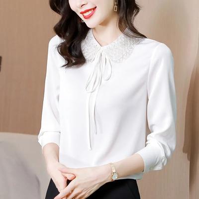 Damen Weiße Spitzenkragen Langarmbluse Schleife am Hals Elegant Chiffon Freizeit Büro Arbeitskleidung Hemd