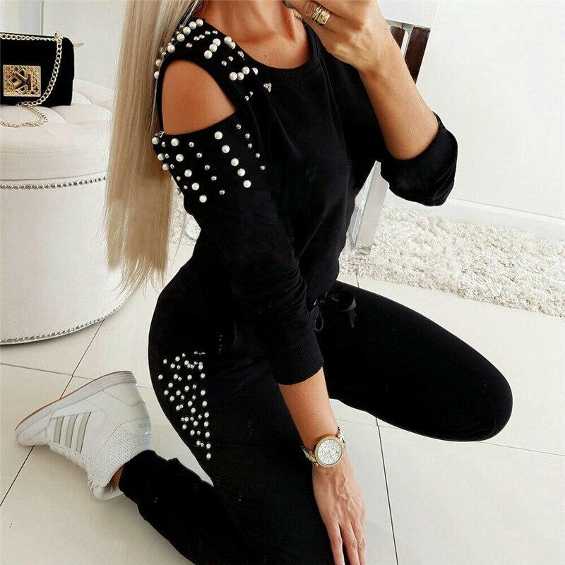 Trainingsanzug Damen Zweiteiliges Set Perlenverzierung Kalte Schulter Langarm Oberteil + Hose Jogginganzug Damen Lässige Loungewear Outfits