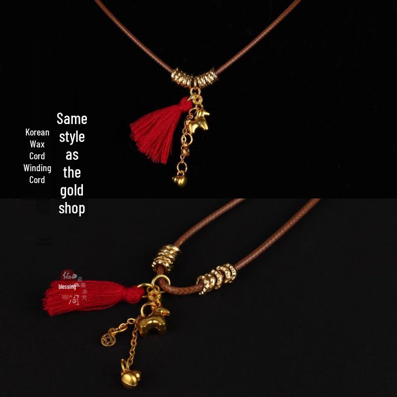 Korean Waxed Leather Cord Unisex Jade Pendant Lanyard Necklace - Red Black Weaving Thread