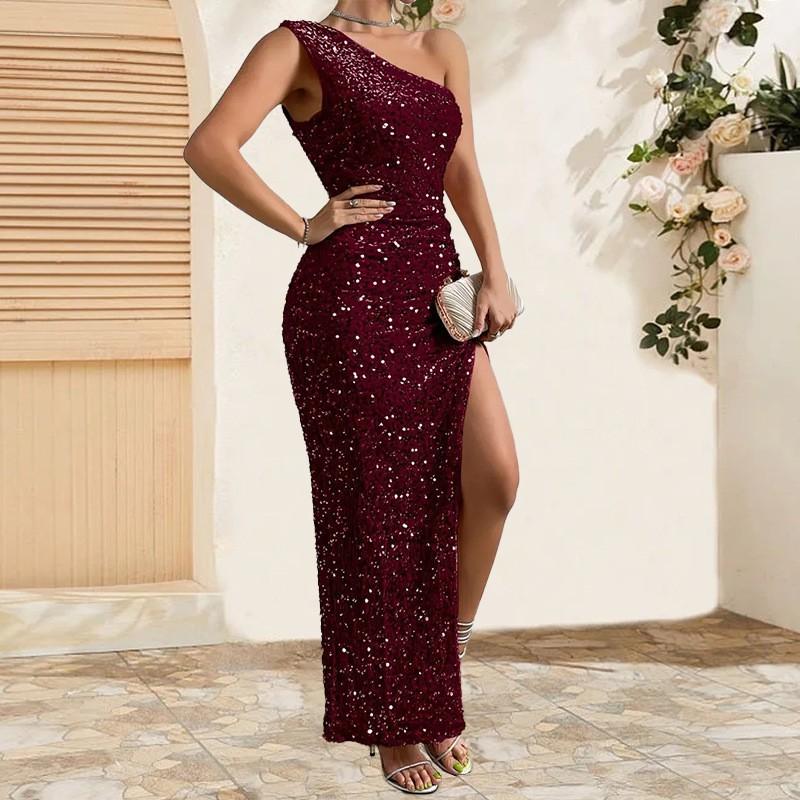 

2026 Spring New Fashion Women s Dress Sexy One Shoulder Sleeveless Sequin Slit Solid Color Long Gowns with Side Slit XXL темно-червоний колір