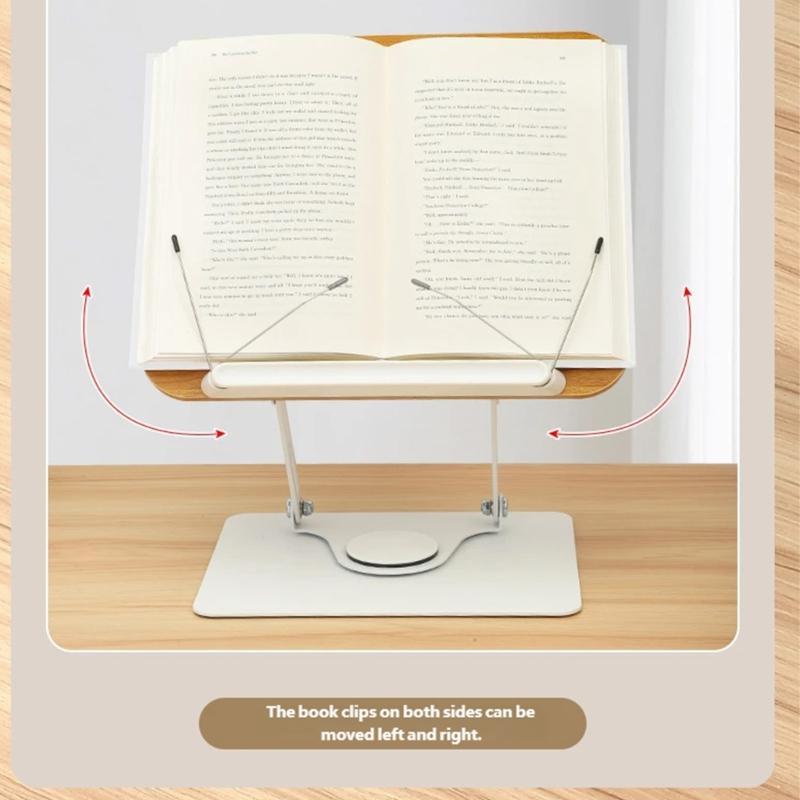 Reading Books Holder Desktop Book Laptop Stand with 360 Degree Rotating Base Wooden Panel Page Clip Foldable Angled
