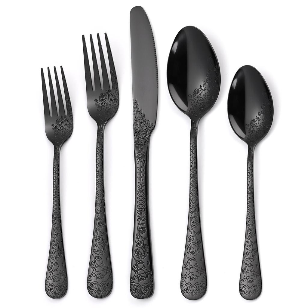 Chinese Patterned Stainless Steel Tableware Set for Household Knives  Forks  Spoons  Black 20/40 Piece Set