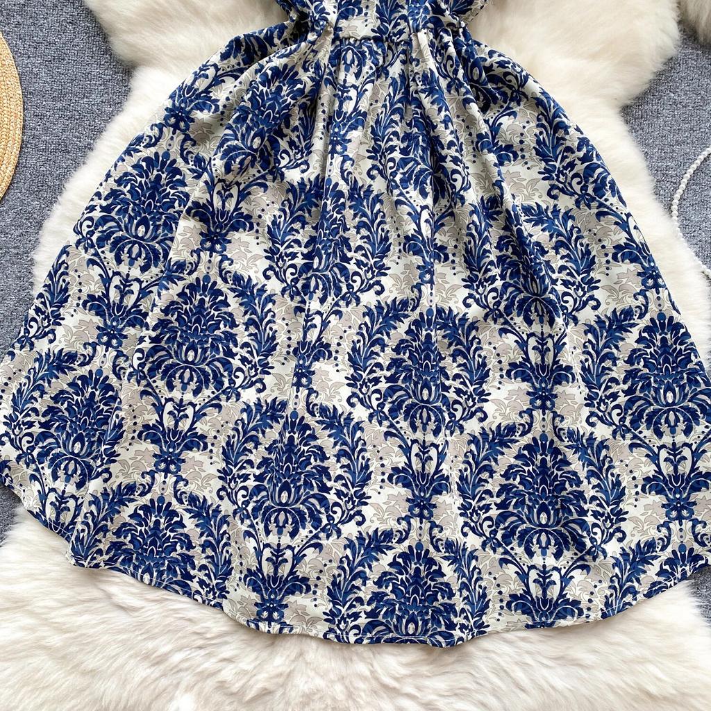 Korean Series Wear  Retro Print Vacation Skirts Sweet Flng Sleeves Sling Waist Hugging Slimming Short Dress