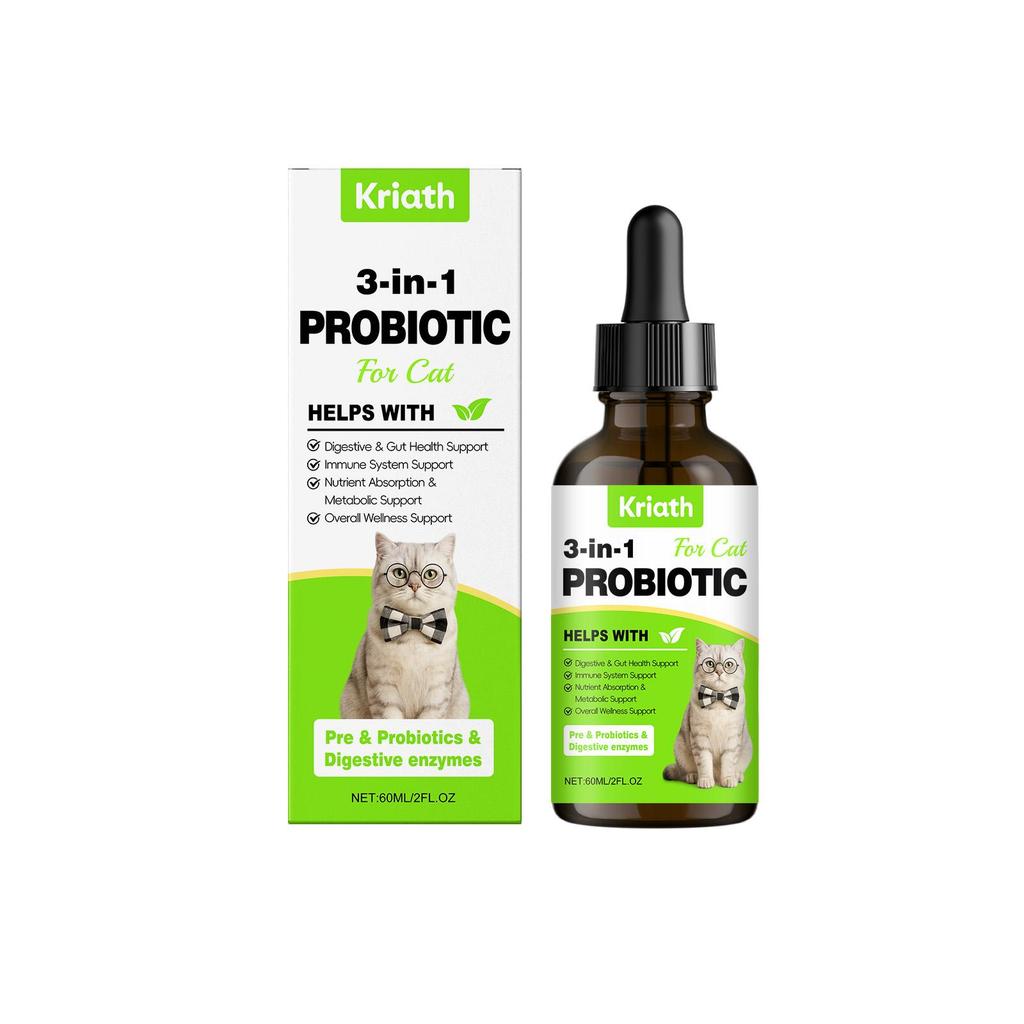 Kriath Cat Probiotic Drops 60ml - 3-in-1 formula promotes gut balance & comfort, boosts gut health & immunity, pet health care product.