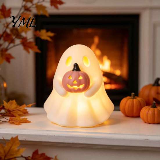 Seasonal Home Ornament Halloween Glowing Ghost Figurine, LED Light Up Ghost, Farmhouse Tabletop Decor Rustic Autumn Accents for Tiered Tray