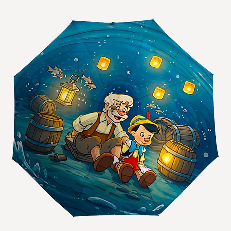 Disney Pinocchio, Whale Automatic Open/Close Umbrella - Cute Umbrella with Cute Design, Portable 3-Fold Compact Umbrella for Men & Women, Va