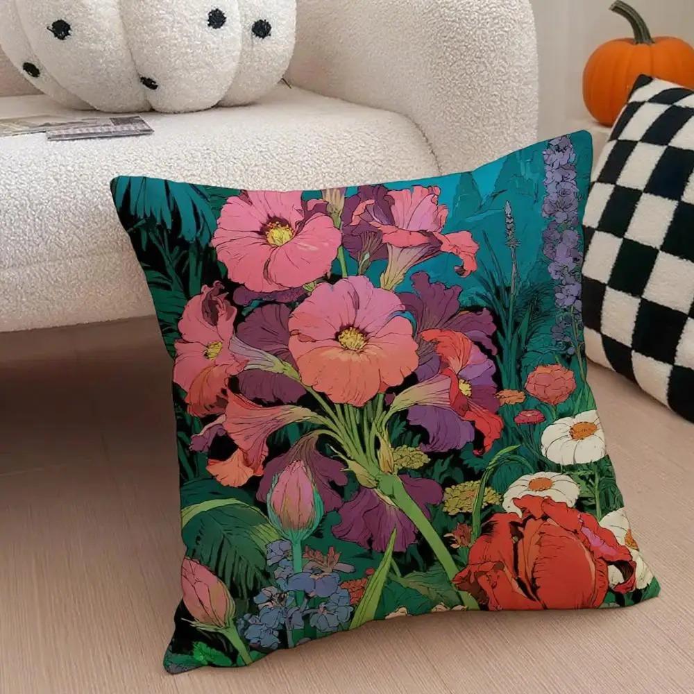 Colorful Spring Flower 2D Flat Printed Cushion Cover Aesthetic Botanical Throw Pillowcase For Home Living Room Chair Decor